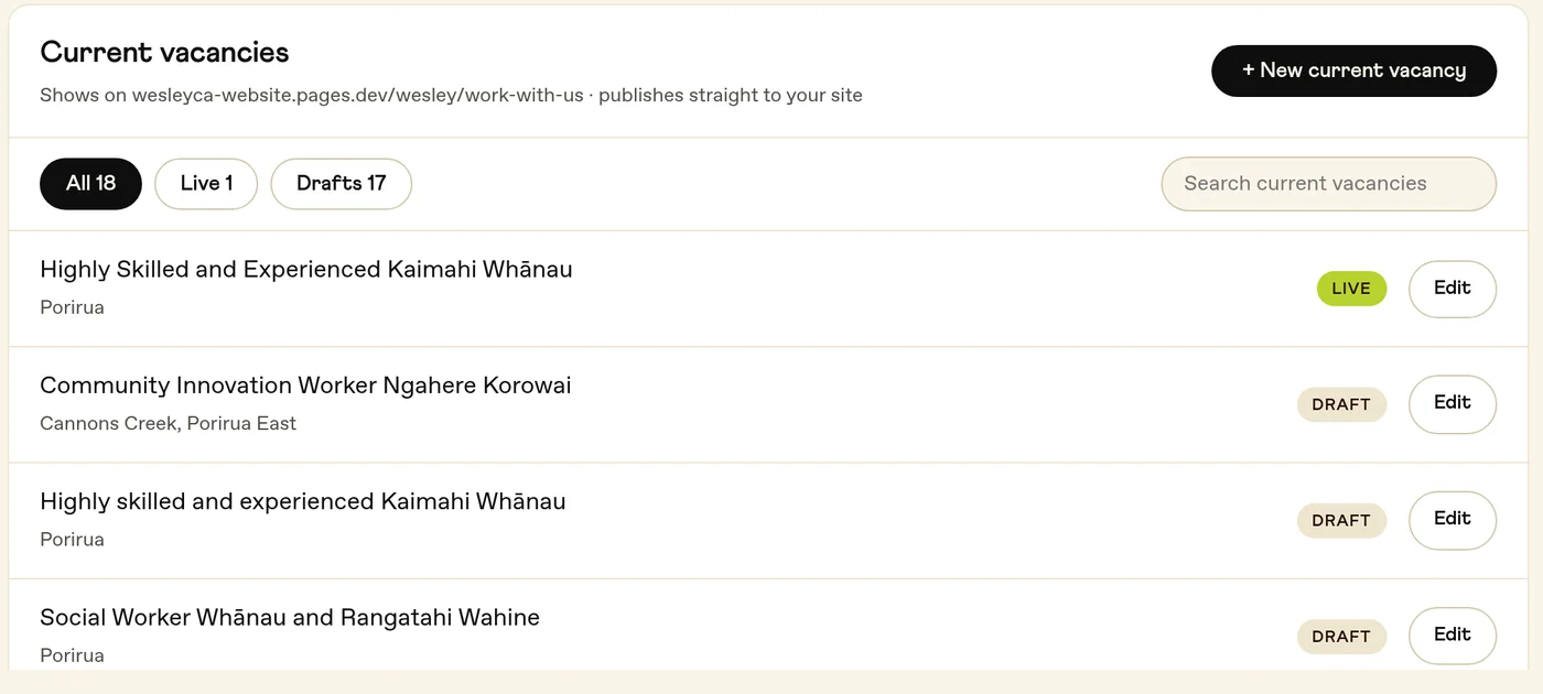 A list of current vacancies in Content, with a button to add a new one and a Live or Draft badge beside each