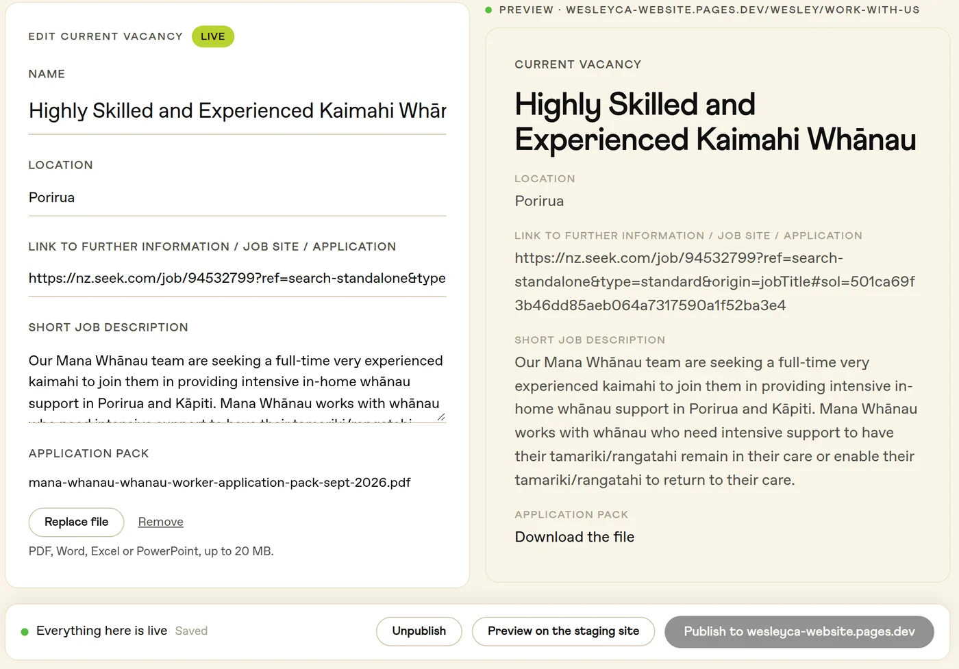Editing a vacancy: the form on the left, a preview on the right, and Unpublish, Preview on the staging site and Publish buttons along the bottom