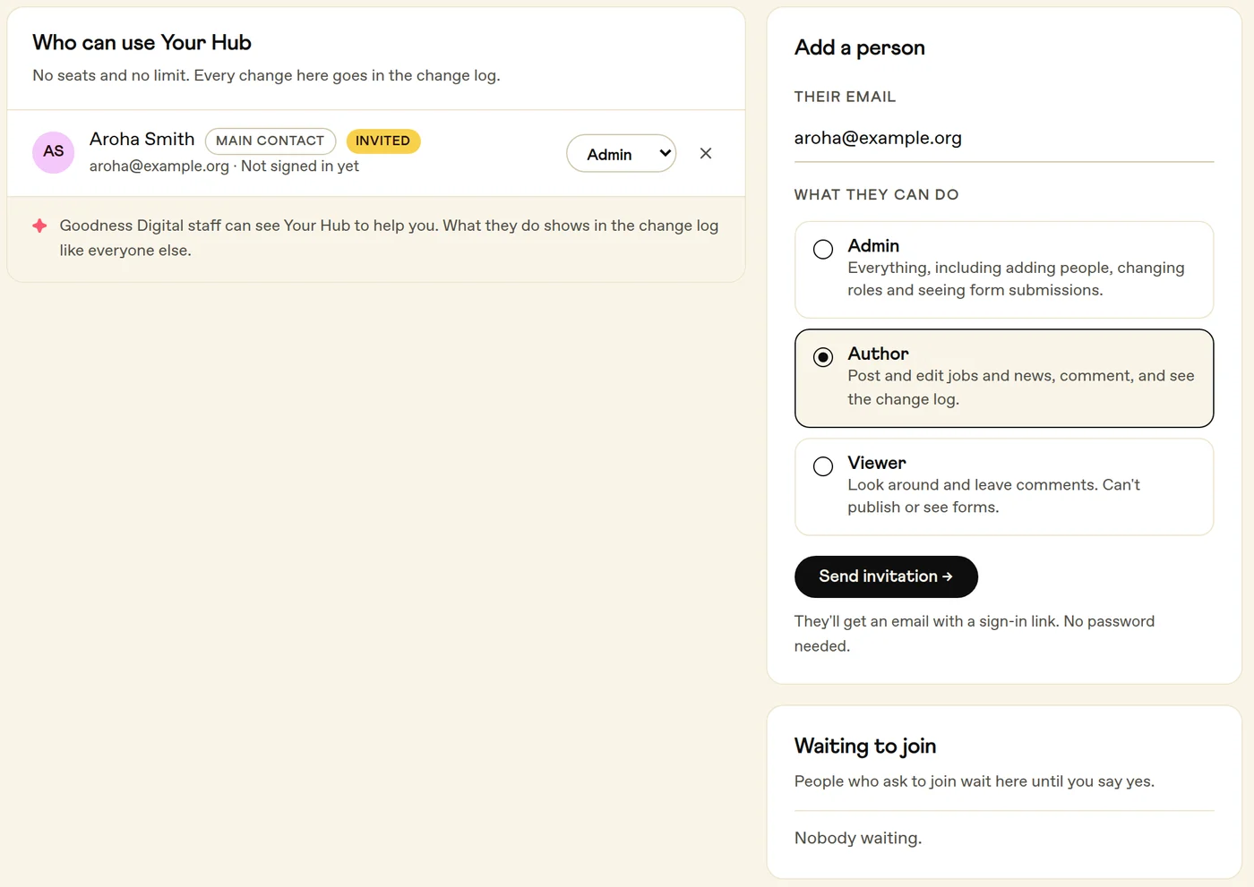 The People page. On the left, everyone who can use Your Hub with a role menu beside each name. On the right, the Add a person form with a role for each option.