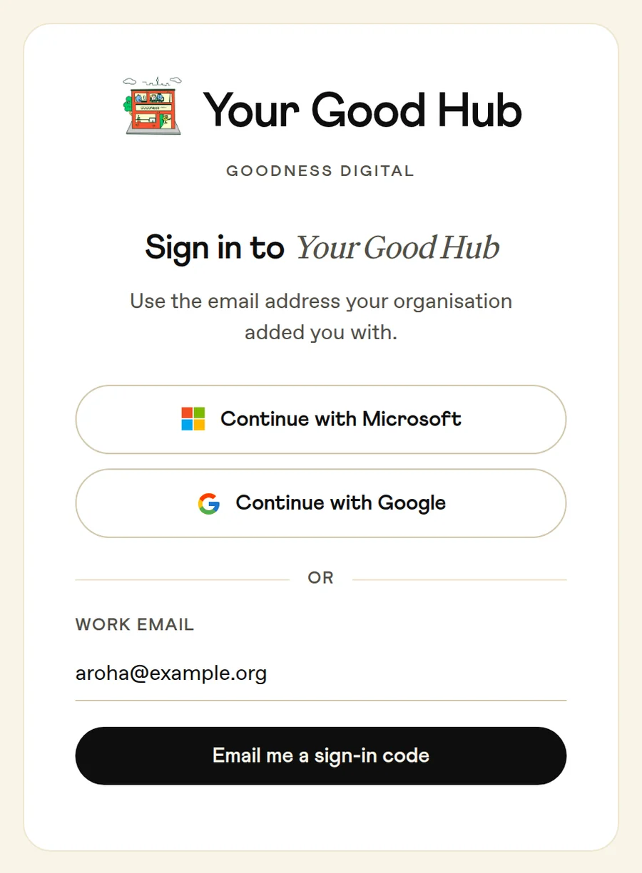 The Your Good Hub sign-in page, with buttons for Microsoft and Google and a box for your work email